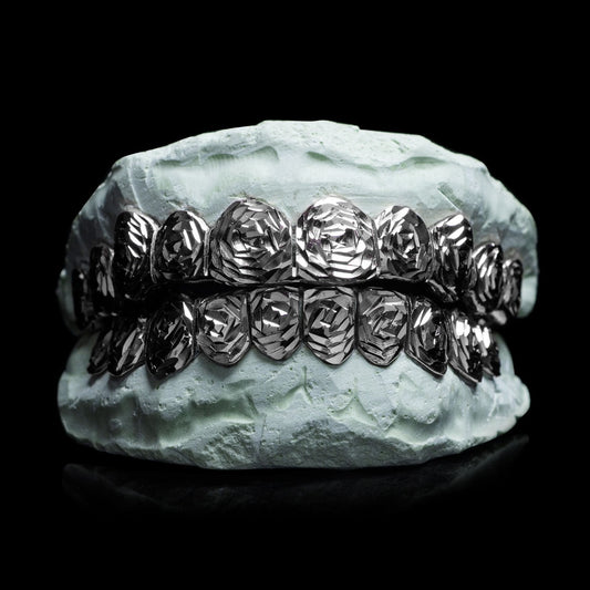 Polished sterling silver rose cut grillz with diamond facets