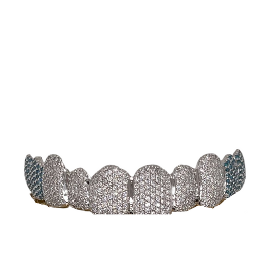 CUSTOM HAND SET 10 ON 10 NATURAL WHITE DIAMOND AND BLUE DIAMOND FANGS GOLD GRILLZ (STRAIGHT SETTING)