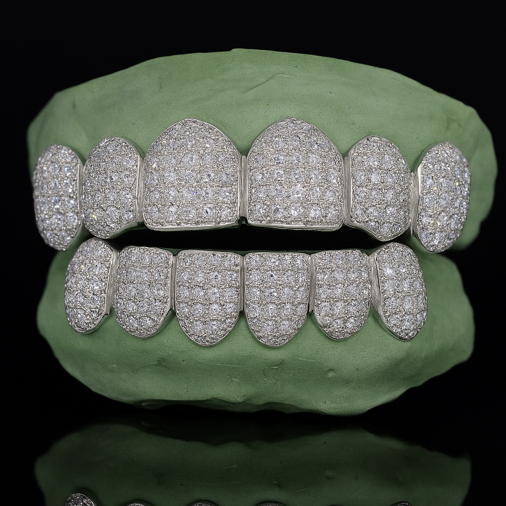 White gold 6-on-6 moissanite diamond grillz full set on dental molds
