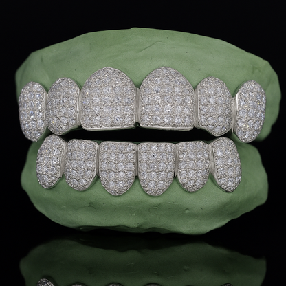 White gold 6-on-6 moissanite diamond grillz full set on dental molds