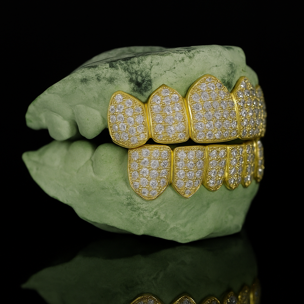 Gold-toned 6-on-6 iced out moissanite teeth jewelry three-quarter view