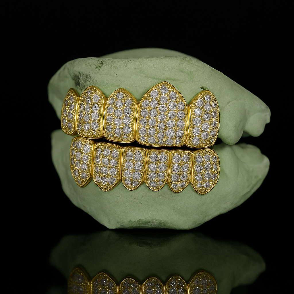 Yellow gold 6-tooth pavé moissanite grillz side angle view