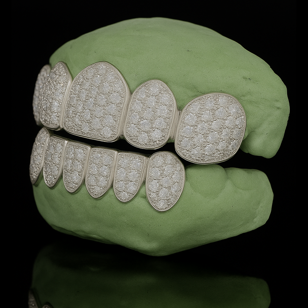 Polished white gold custom 6-tooth moissanite diamond grillz front view