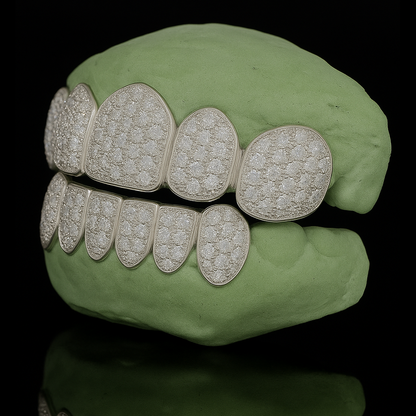 Polished white gold custom 6-tooth moissanite diamond grillz front view
