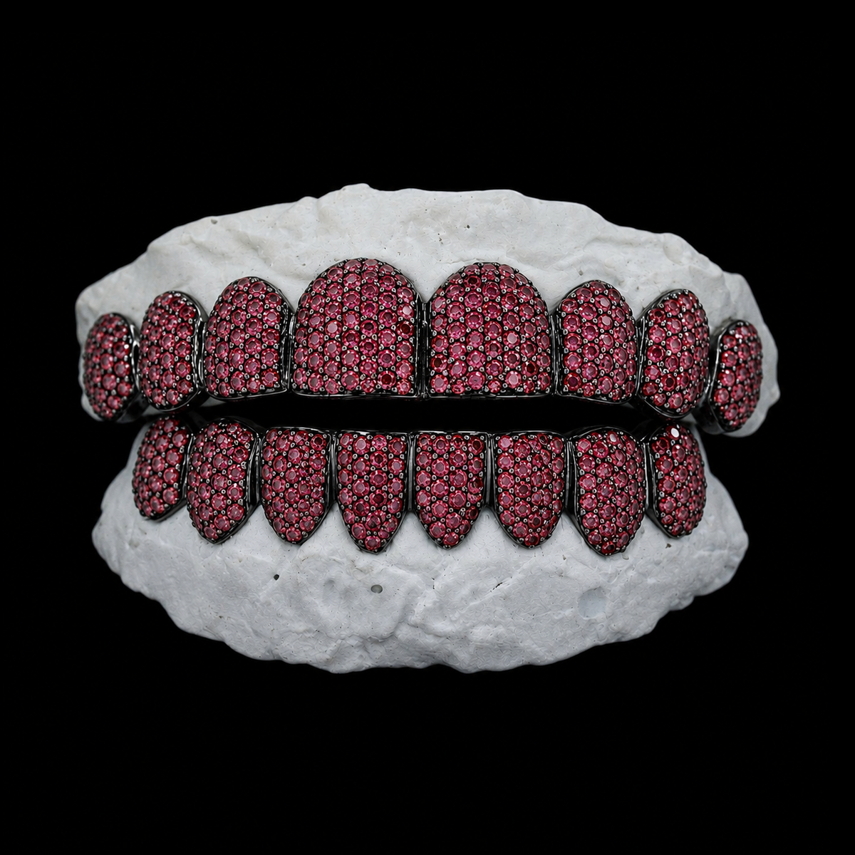 Black metal blood red moissanite grillz full set with dense pavé on dental mold