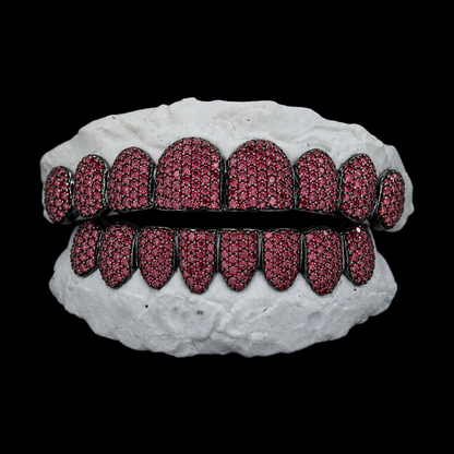Black metal blood red moissanite grillz full set with dense pavé on dental mold