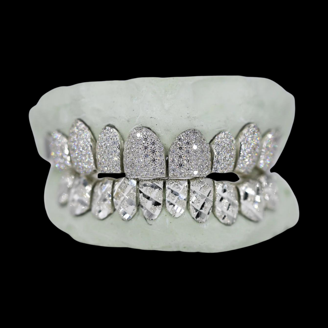 Silver VVS Moissanite top and diamond cut bottom grillz set on dental mold