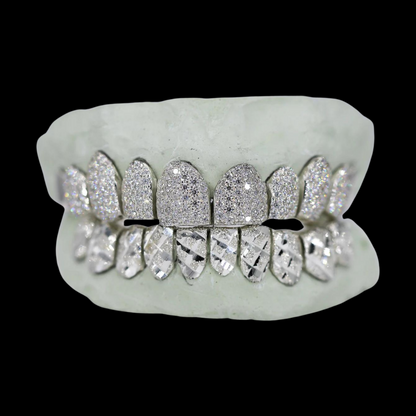 Silver VVS Moissanite top and diamond cut bottom grillz set on dental mold