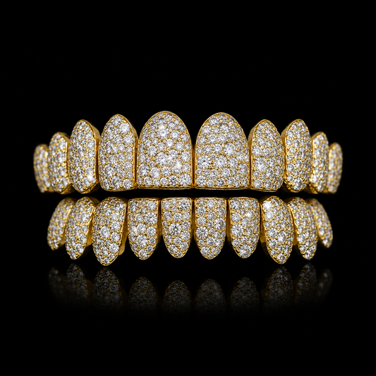 Yellow gold VVS Moissanite snow diamond grillz with full mosaic setting and polished finish