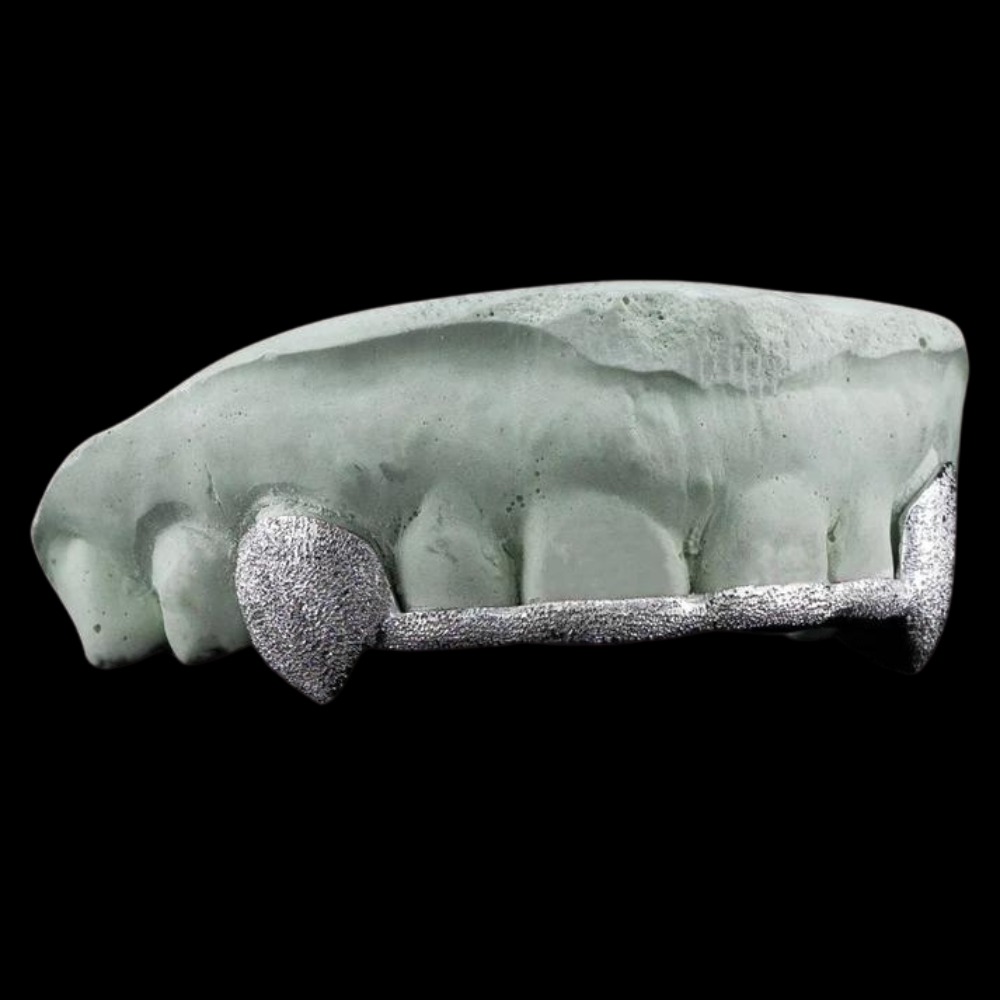 Custom 2 Teeth Diamond Cut And Diamond Dust With Front And Back Bar Gold Grillz