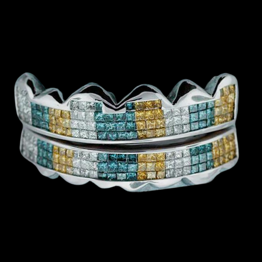 Blue White Yellow Princess Cut Horizontal Invisible Grillz