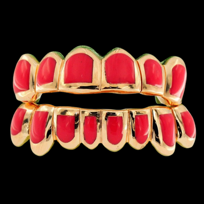10K Candy Paint Fourteen Teeth Grillz with Light Red Enamel.