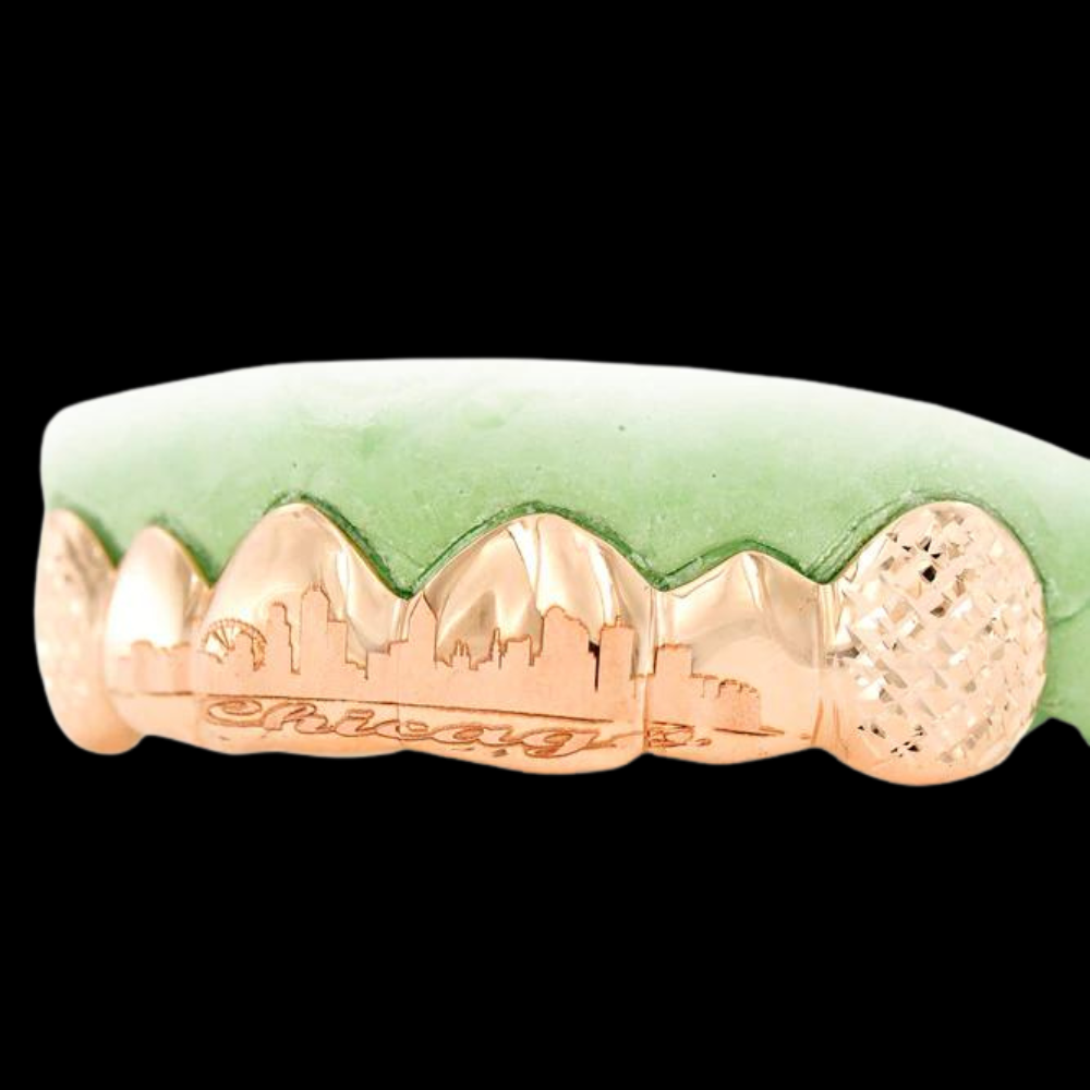 6 Solid 4 Engraved Teeth Yellow Gold Grillz