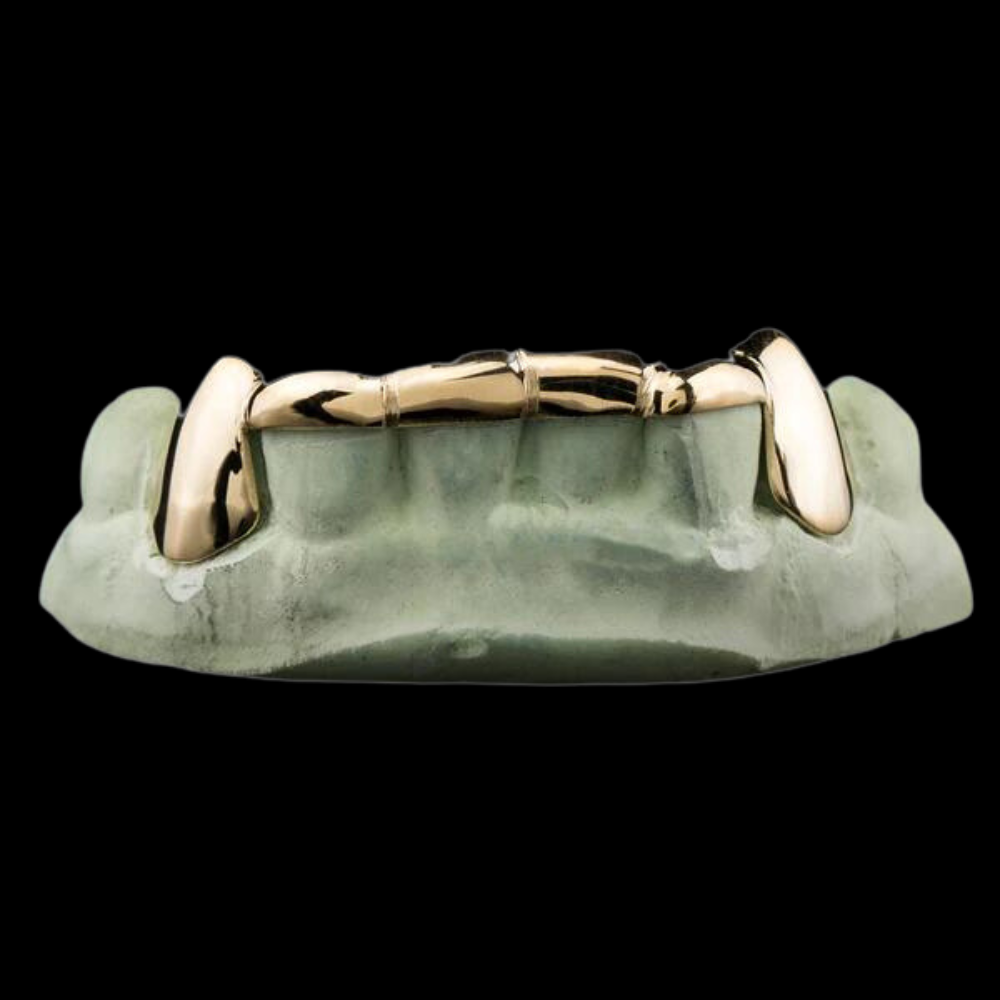 CUSTOM 2 TEETH FANGS WITH FRONT BAR GOLD GRILLZ