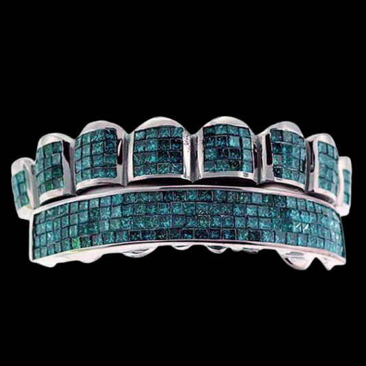 Blue Princess Cut Diamond Horizontal Invisible Grillz