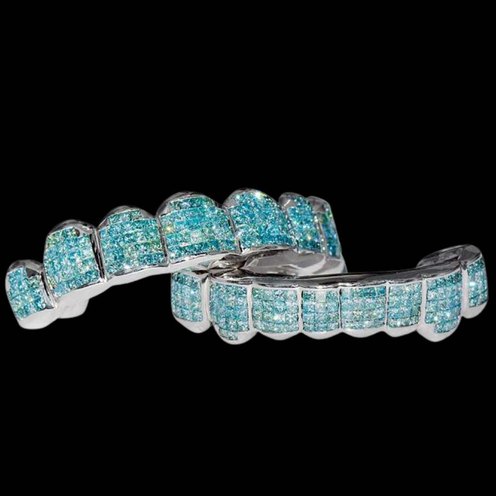 Custom Sky Blue Diamond Hand Set Grillz For Tyga