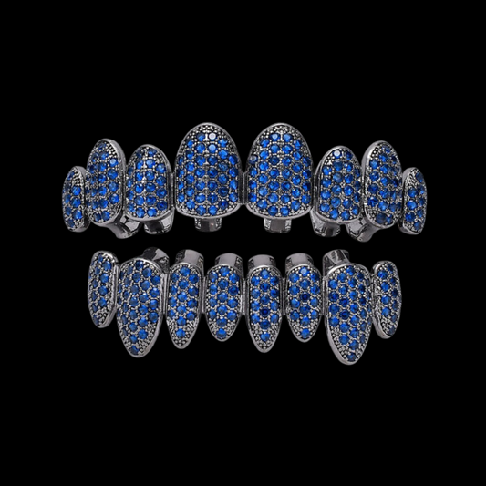 Custom Blue Color Natural Diamond Grillz & Black Rhodium Gold Grillz
