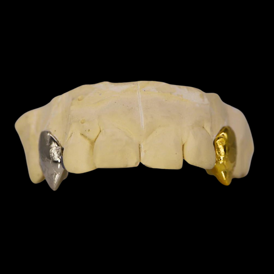 Custom Two-Tone 2 Teeth With Nugget Design Gold Grillz