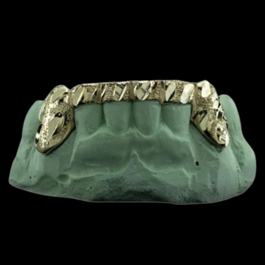 Custom 2 Teeth With Front Bar With Nugget Cut On Fangs Gold Grillz