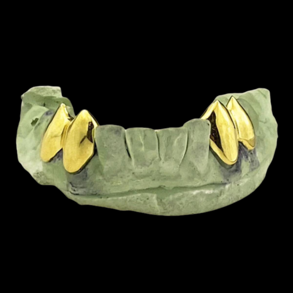 Custom 2:2 Teeth Grillz With Extended Fangs Gold Grillz