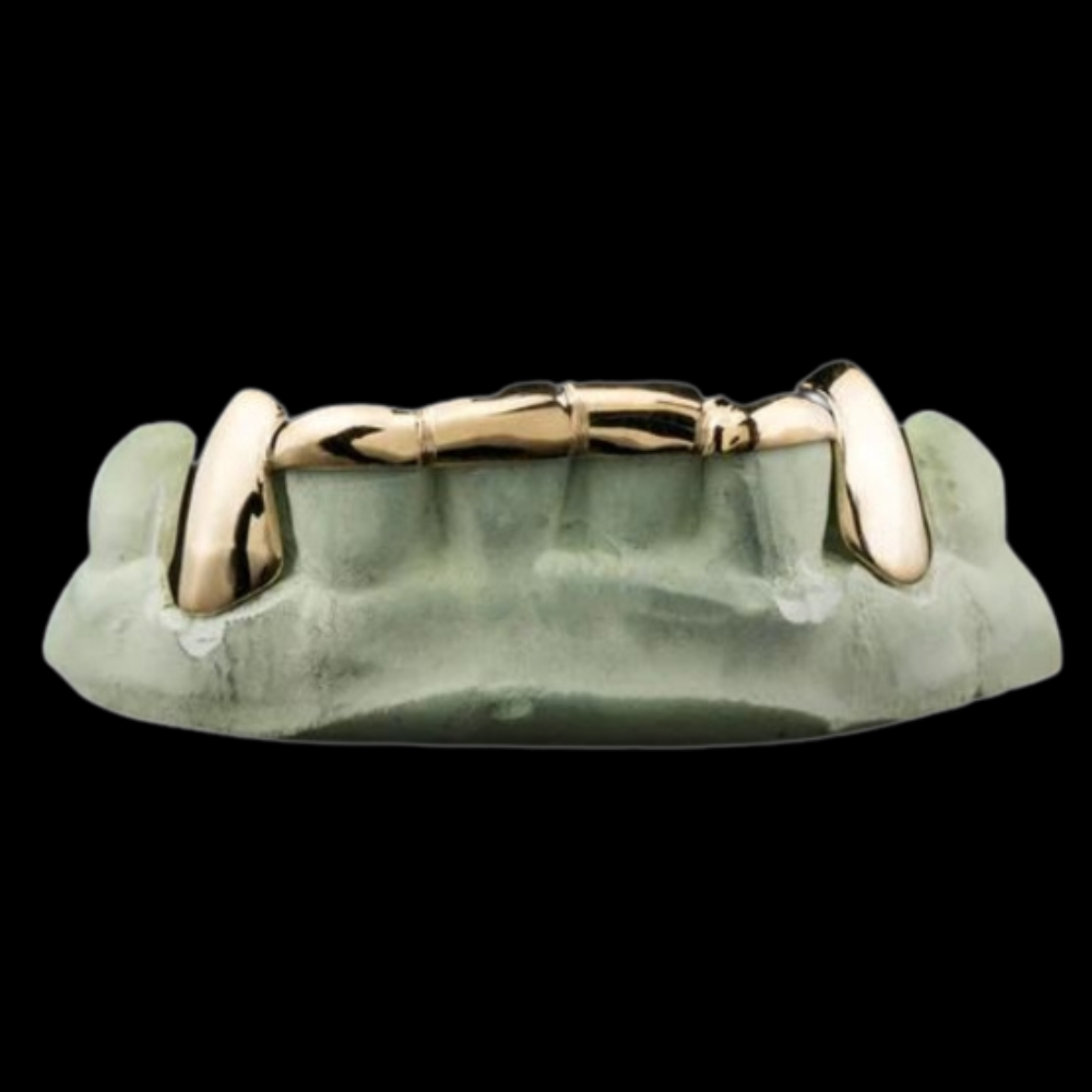 Custom 2 Teeth With Front Bar With Extended Fangs Gold Grillz