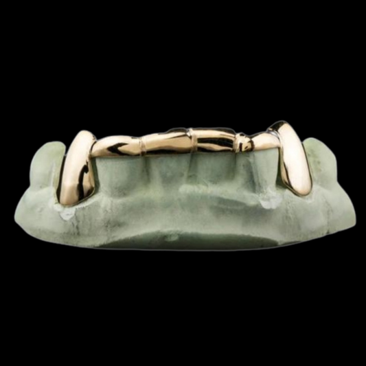 Custom 2 Teeth With Front Bar With Extended Fangs Gold Grillz