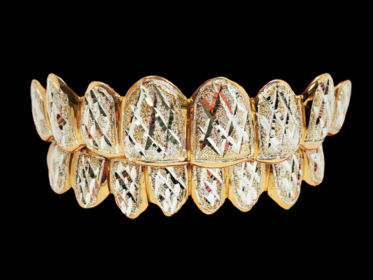 Sterling Silver w/18K Yellow Gold Plated Dust+Diamond Cut Custom Fit Grillz