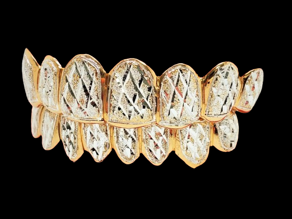 Sterling Silver w/18K Yellow Gold Plated Dust+Diamond Cut Custom Fit Grillz