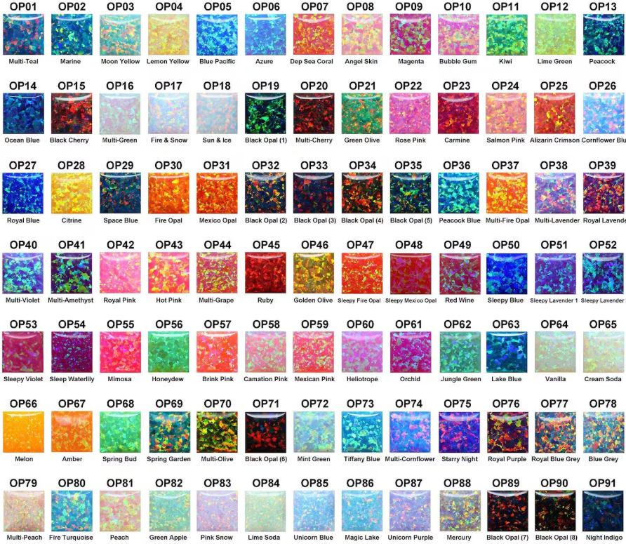 Color selection chart for custom opal grillz with opal gemstone options