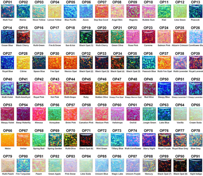 Opal color selection chart for custom grillz, showcasing hue options and finish details.