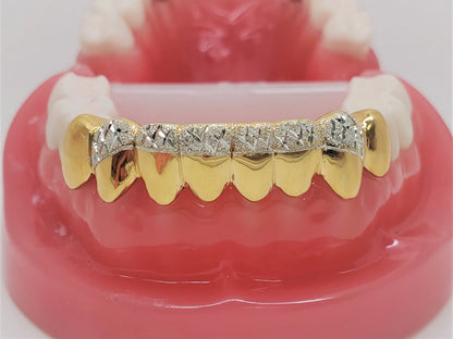 Sterling Silver w/18K Yellow Gold Plated Dust+Diamond Cut Custom Fit Grillz