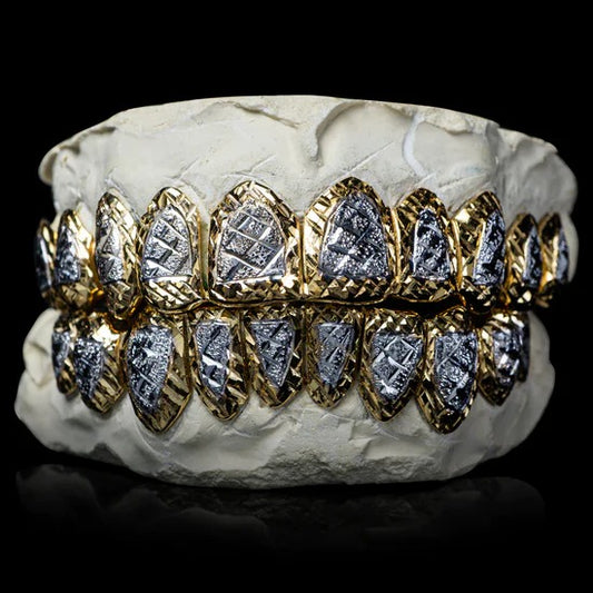 Custom Two-Tone Diamond Cut & Diamond Dust Solid Trim Gold Grillz