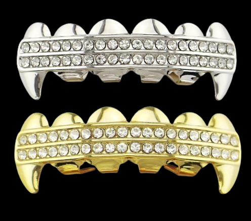 Iced Out Fangs Teeth Grillz In Rhodium And Gold Plated