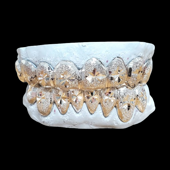 925 Sterling Silver Starburst Diamond Dust Grillz Set with Gold Edges