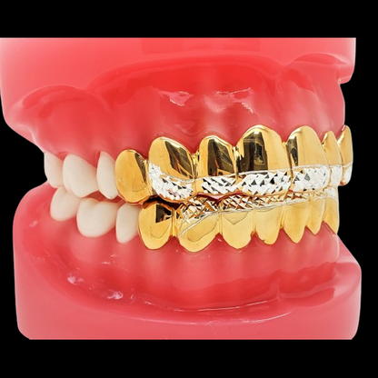 18K Gold Plated Silver Princess Diamond Cut Grillz Set on Dental Model