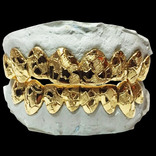 Custom Grillz, Solid 10 Karat Yellow Gold w/ Nugget Cut Grillz