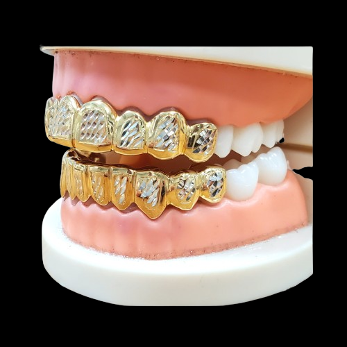 Custom Grillz, 925 Solid Sterling Silver w/18K Yellow Gold Plated Two Tone Diamond cuts