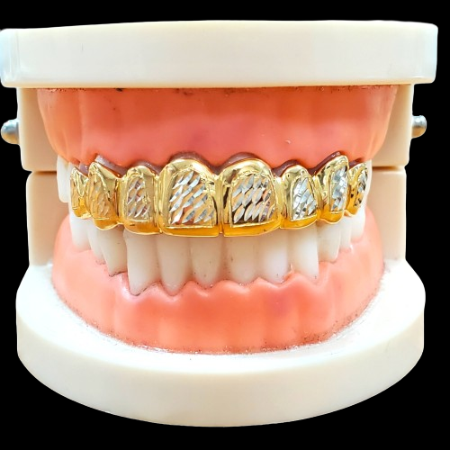 Custom Grillz, 925 Solid Sterling Silver w/18K Yellow Gold Plated Two Tone Diamond cuts