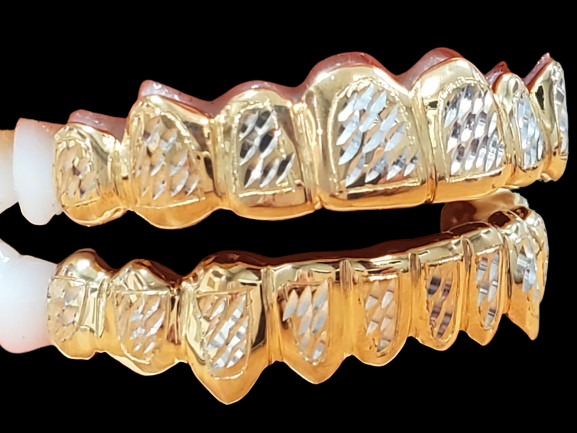 Custom Grillz, 925 Solid Sterling Silver w/18K Yellow Gold Plated Two Tone Diamond cuts